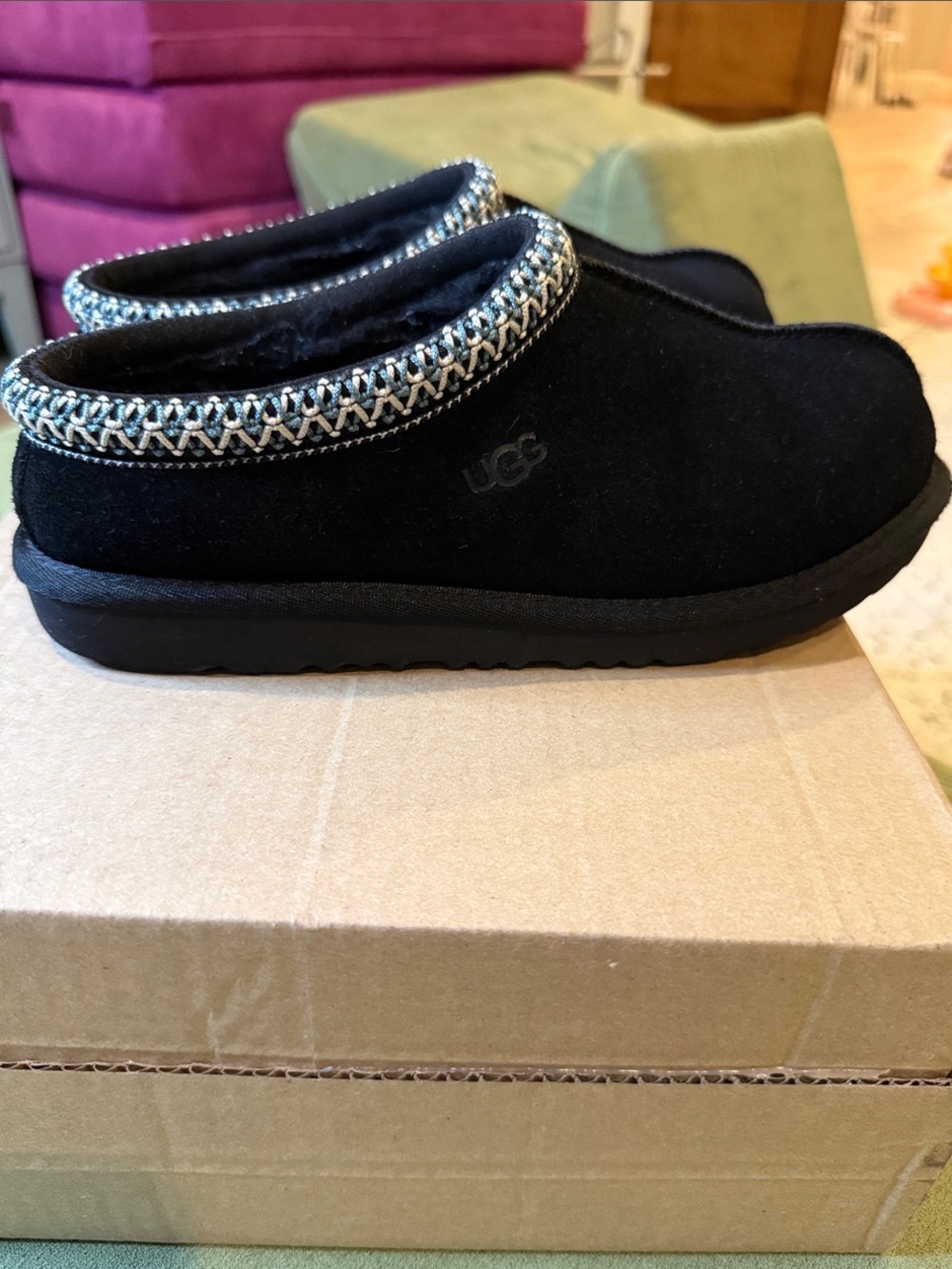 UGG Girl Black Suede Slip-On Clog with Braided Trim